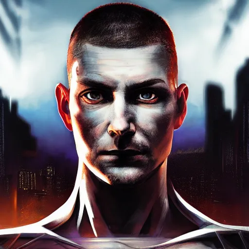 Image similar to cyberpunk, armitage, closeup portrait of a stoic ex soldier with a battlescar and light blue eyes, brown buzzcut, cyborg, dramatic light, city background, sunset, dystopian setting, high contrast, sharp, neuromancer, painted by stanley lau, painted by greg rutkowski, painted by stanley artgerm, digital art, trending on artstation