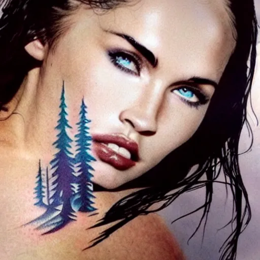 Prompt: hyper realism tattoo design of megan fox face double exposure effect with beautiful mountain scenery, in the style of matteo pasqualin, amazing detail, sharp, faded