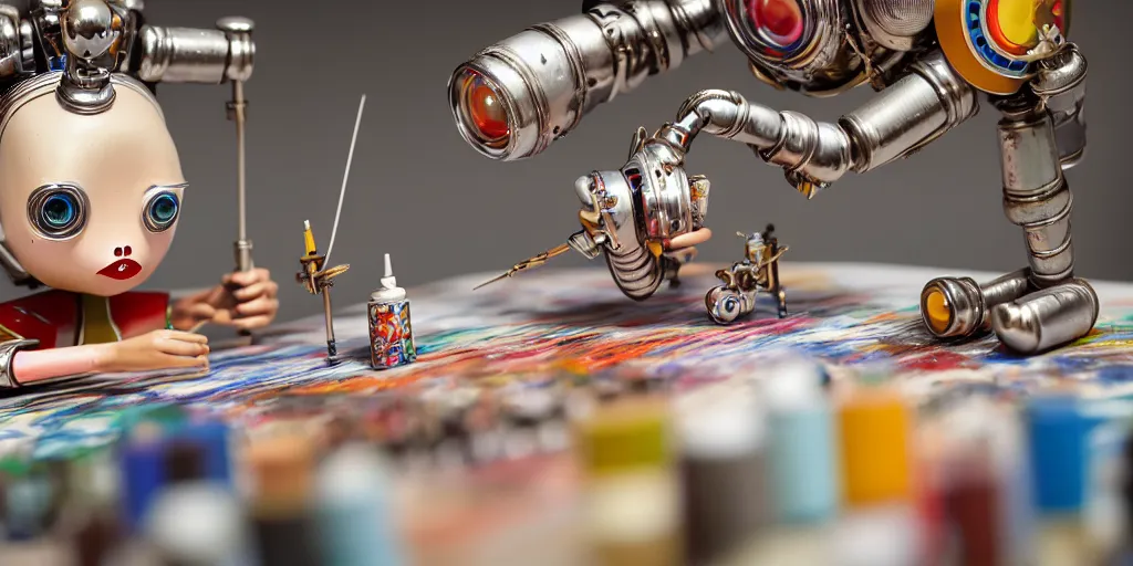 Image similar to closeup portrait of tin toy retro robots painters mixing gouache on white paper table in an artist workshop, depth of field, zeiss lens, detailed, centered, fashion photoshoot, by nicoletta ceccoli, mark ryden, lostfish, breathtaking, 8 k resolution, extremely detailed, beautiful, establishing shot, artistic, hyperrealistic, octane render