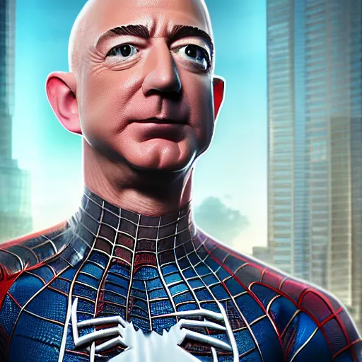 Prompt: jeff bezos in spiderman costume, photorealistic, hyperdetailed, hyperrealism, hyperrealistic, 8k ultraHD octane render