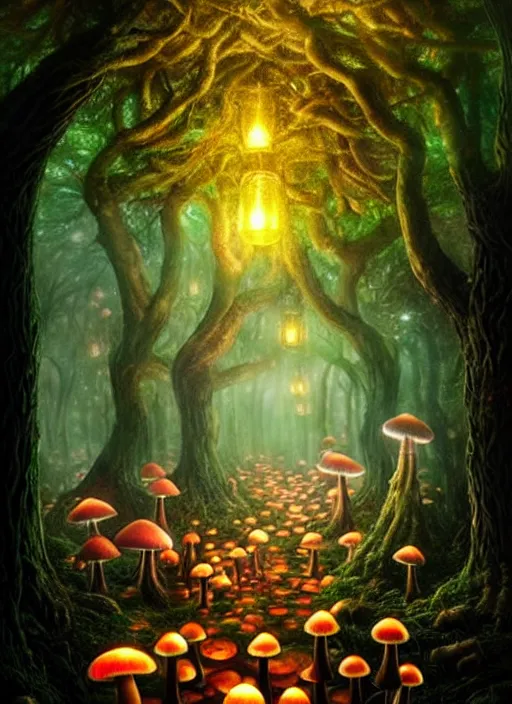 Prompt: an enchanted forest at night illuminated by glowing mushrooms, diffuse lighting, fantasy, intricate, surrealism!!!!, highly detailed, lifelike, photorealistic, digital painting, artstation, illustration, concept art, smooth, sharp focus, by greg rutkowski, chris tulloch mccabe, valentina remenar and asher duran,