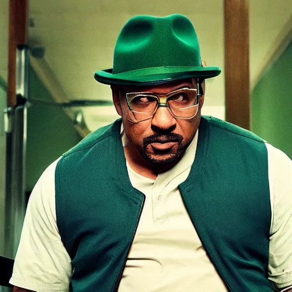 Prompt: Still from Better Call Saul of Big Smoke with green clothing and trilby hat, swinging a baseball bat