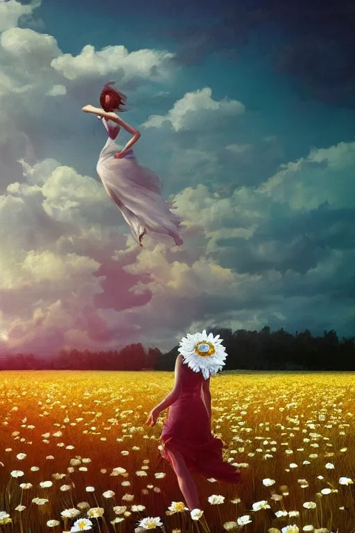 Image similar to giant white daisy flower as head, woman dancing in a flower field, surreal photography, sunrise, dramatic light, impressionist painting, colorful clouds, digital painting, artstation, simon stalenhag