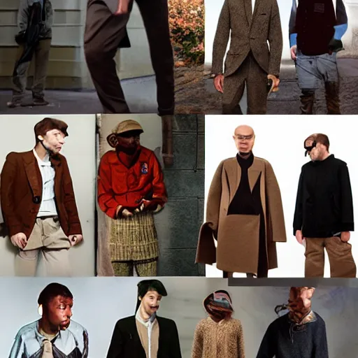 Image similar to outlive smart casual collection lookbook grid, in the style of grand chamaco and stanley kubrick, inspired by rpg fantasy characters, photorealistic, epic, super technical, cinematic still