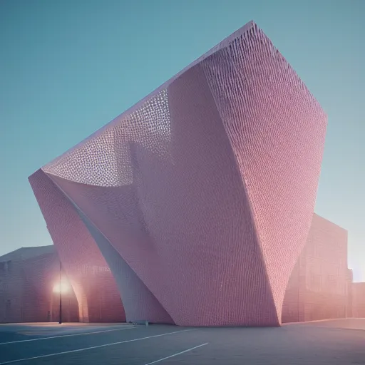 Image similar to parametric architecture, museum, concrete, facede fabric and mesh in faded pink, morning fog, blue hour, archviz, cgi, trending on artstation, corona renderer, unreal engine, ray tracing, 3 ds max, cinematic, city in the background