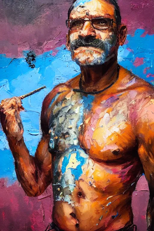 Prompt: palette knife oil painting portrait of eddie dreamtime, an athletic middle - aged man in hipster outback wear and australian aboriginal body paint, concrete balcony, nightclub, artstation trending, artgerm, any racial background, deviant art, hipster, octane, substance, art history 8 k
