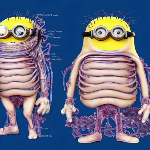 Image similar to A detailed biological anatomy of a minion, photorealistic, textbook, scientific