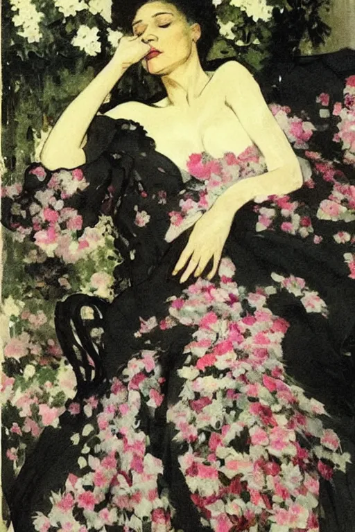 Prompt: black woman in a gown laying on couch, bloom flowers, modern, eclectic, illustration, by ramon casas