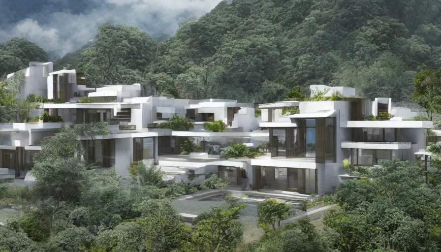 Image similar to residential villa inspired by tibetan architecture, on city, overlooking a valley with trees, frank lloyd wright, zaha hadid, le corbeusier, photorealistic, birds eye view