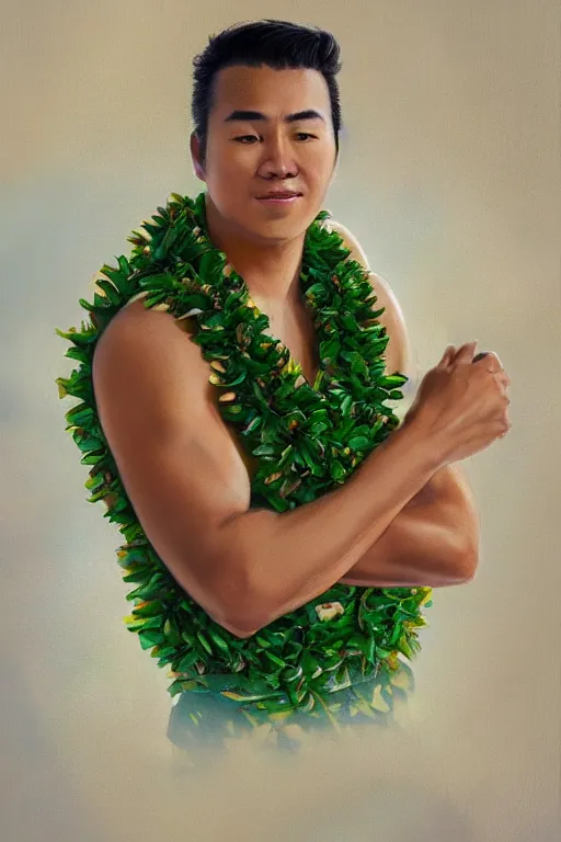 Image similar to handsome hawaiian male wearing a lei, ocean - like backsplash, trending on artstation, self - portrait!!!!!, 4 k photorealism, cgsociety contest winner, 4 k quality, intricately defined, complexly detailed, luminous radiant lighting, chill, hawaiian atmosphere