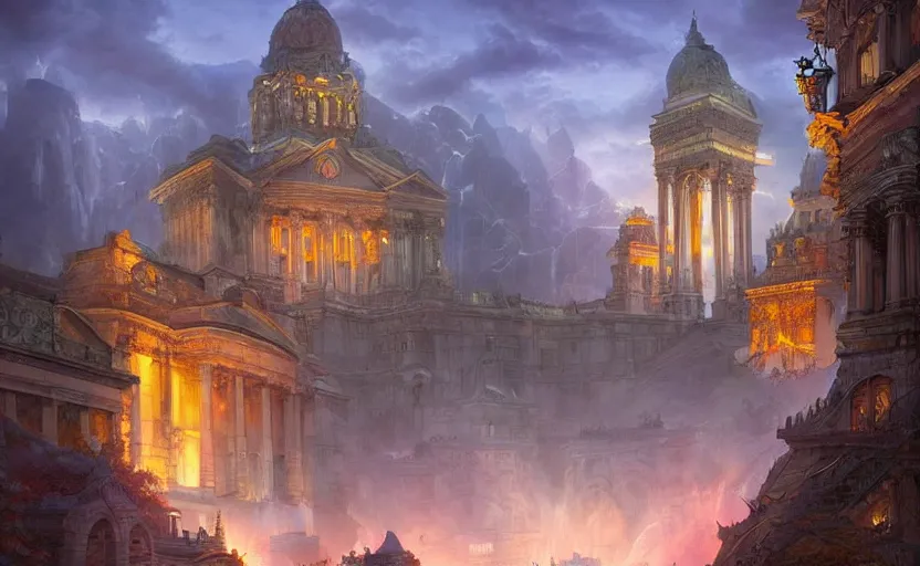 Prompt: epic landscape of a fantasy city with marble buildings and waterfalls at dusk, ambient lights, artwork by brom and rutowski