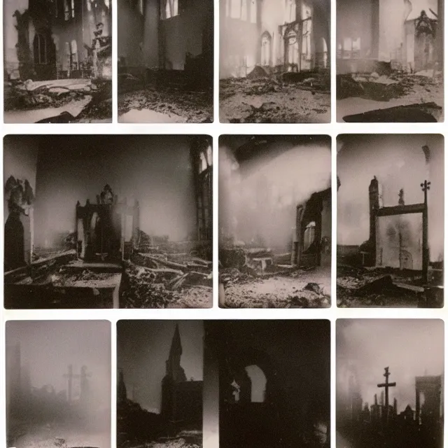 Prompt: collage of polaroid photographs of burning churches