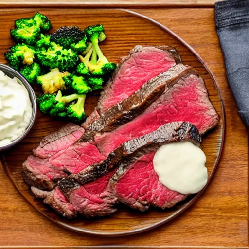 Image similar to advertising photography of a delicious large cooked and seasoned medium well steak, topped with melted mozzarella cheese, and a side of seasoned vegetable and potato and broccoli medley, all served on a wooden table, spot lighting, restaurant promotional poster