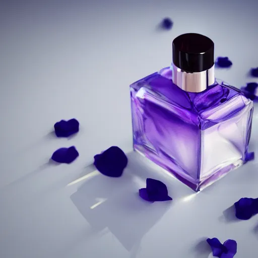 Image similar to perfume bottle surrounded by artistic, blurred blue and lilac flowers, white background, simple path traced, environment, sephora, dior