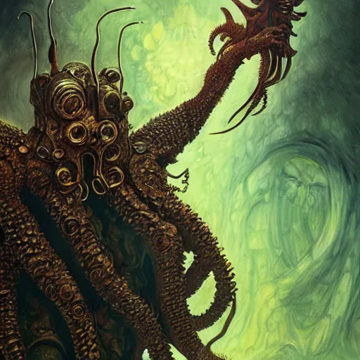 Prompt: A cyborg Cthulhu as the ultimate tyrant emperor of the universe. Realistic sci-fi cyberpunk concept. Trending on ArtStation. A vibrant digital oil painting. A highly detailed fantasy character illustration by Wayne Reynolds and Charles Monet and Gustave Dore and Carl Critchlow and Bram Sels