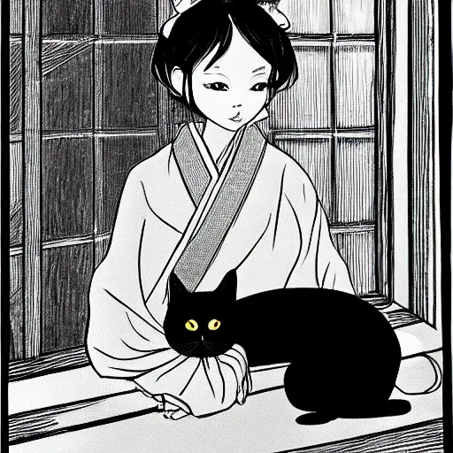 Image similar to A young lady in a kimono with almond-shaped eyes, sitting on a chair in a huge empty room, a black cat sitting on the window, a girl smiling, black and white, pencil, style