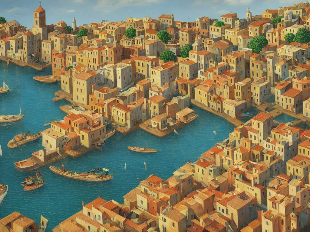 Image similar to A detailed oil painting of a beautiful Mediterranean village by Michiel Schrijver, M.C. Escher, isometric, pastel colors