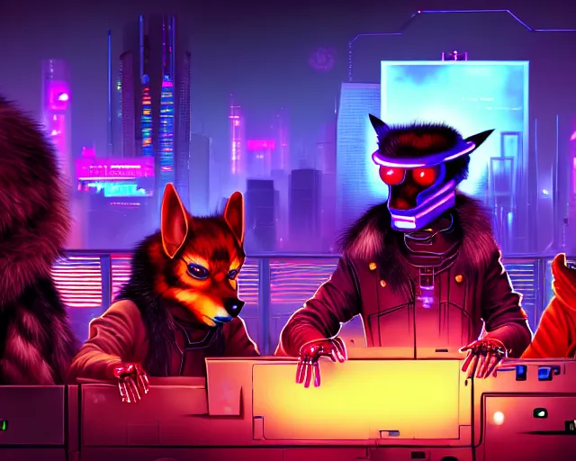 Image similar to high - resolution photograph from a cyberpunk era furry fandom convention ( midwest furfest 2 0 4 7 ), taking place after the genetic revolution and singularity. photorealistic.