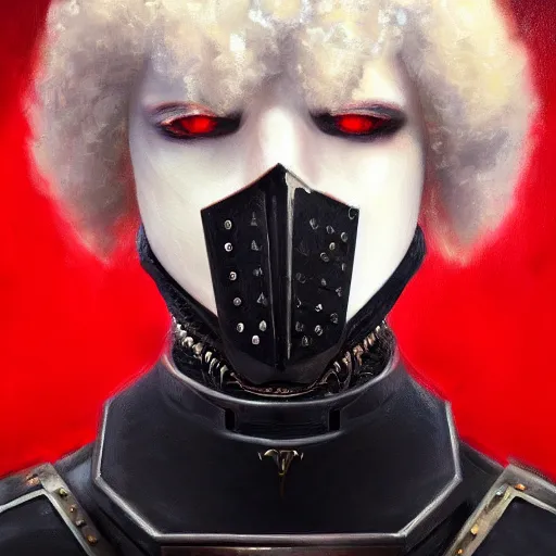 Image similar to oil painting of a pale menacing male soldier with fluffy blond curls of hair and piercing eyes, center parted bangs, high tech suppression dog collar, jagged black imperial armor, sinister resonant red glow white fractals creeping darkness, by WLOP, Artstation, CGsociety