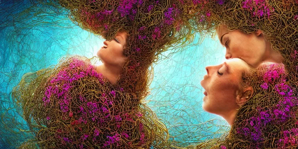 Prompt: closeup photo of 2 embracing human bodies, 1 female, 1 male, connected by chaotic swirling vines made out of flowers, suspended underwater, by peter gric, artgerm, greg rutkowski, smooth gradients, vibrant colors, high contrast, artstation, golden hour, sunrays, cinematic, subsurface scattering, 4 k, uhd, hdr