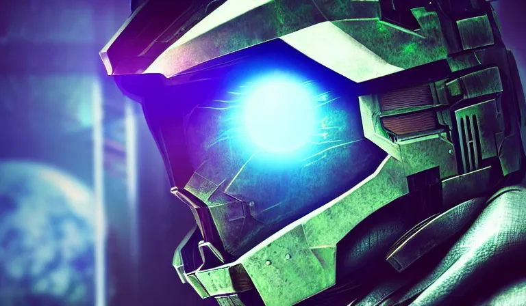 Image similar to cyberpunk halo helmet on space, planet behind, close shot, reflection, epic, dramatic, cinematic, award winning, ultra detailed, realistic, 8k,