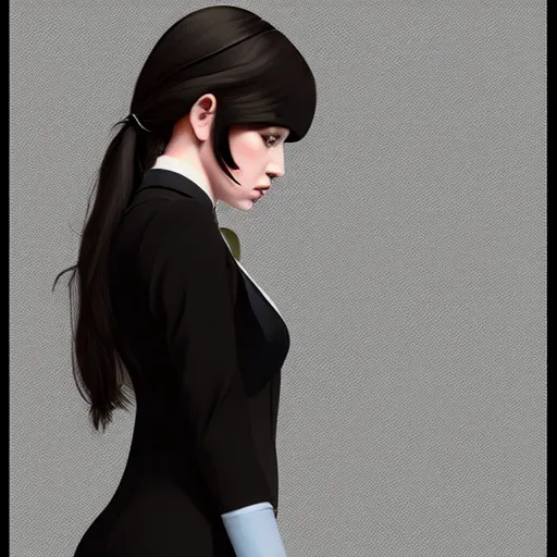 Image similar to young british special ops female in black tuxedo, muted colors, matte print, pastel colors, 2d, ultra highly detailed, smooth, sharp focus, digital art, digital painting, fan art, elegant, artstation, head is centered, by Ilya Kuvshinov