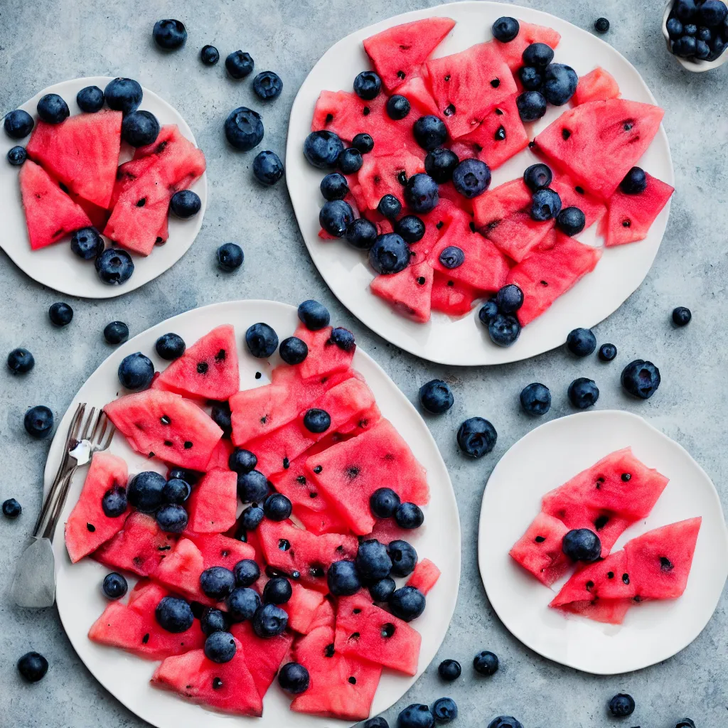 Image similar to blueberry watermelon hybrid on a plate, hyper real, food photography, high quality