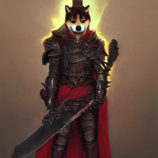 Image similar to anthropomorphic shiba inu, berserk anime guts armor and two hand guts sword, red light aura, fantasy, dark, portrait art by donato giancola and greg rutkowski, realistic face, visible aura, digital art, trending on artstation, symmetry