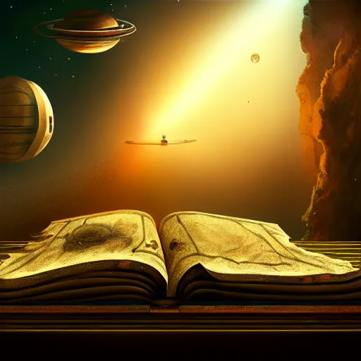 Image similar to long shot of an ancient book on a vintage table in space, concept art, sci - fi illustration, painting, realistic, global illumination, radiant light, detailed and intricate environment, 8 k, h 6 4 0