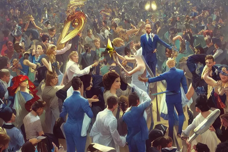 Image similar to a crowd throwing swords at a blond man in a blue suit, surrounded by a crowd, intricate, elegant, ultra realistic illustration, highly detailed, digital painting, artstation, concept art, smooth, sharp focus, illustration, art by artgerm and greg rutkowski and alphonse mucha