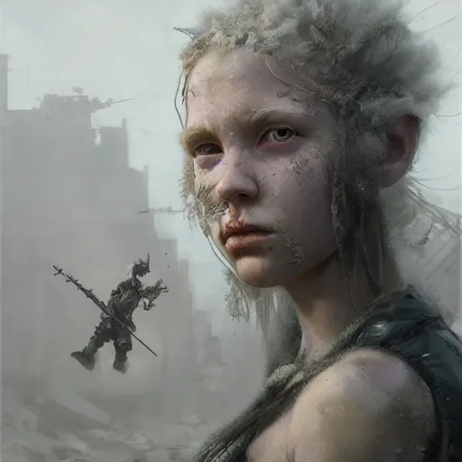 Image similar to hyper realistic photograph portrait of postapocalyptic albino girl, cinematic, artstation, cgsociety, greg rutkowski, james gurney, mignola, craig mullins, brom