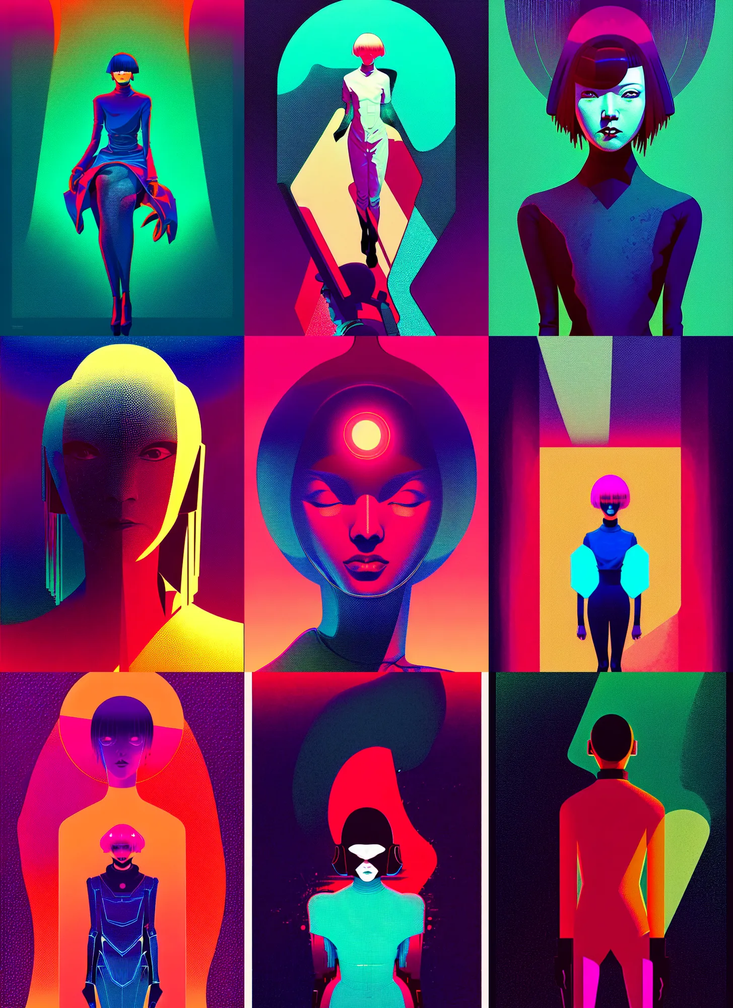 Prompt: ( ( dither ) ), editorial illustration portrait of reol, dynamic pose, modern art deco, colorful, ( ( mads berg ) ), christopher balaskas, victo ngai, rich grainy texture, detailed, dynamic composition, wide angle, moebius, matte print, risograph, ( ( space nebula skin ) )