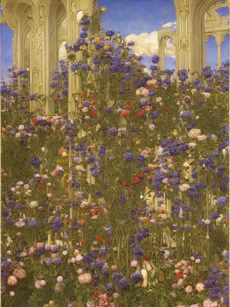 Image similar to the grand temple of flowers, by elihu vedder and thomas seddon, pre raphaelite, art nouveau, fantasy architecture, flowers