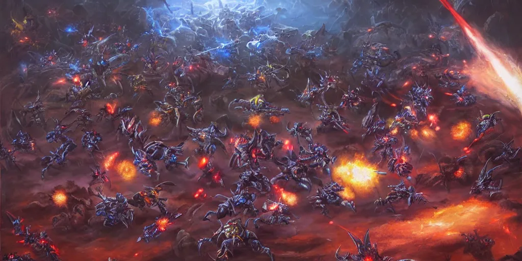 Image similar to zerglings killing the terran soldiers, set in the starcraft universe, in an epic and bloody battle, beautiful painting