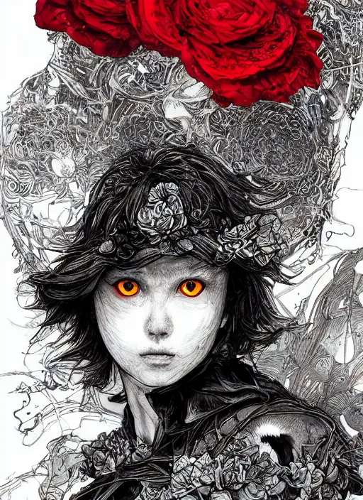 Image similar to portrait, A crow with red eyes in front of the full big moon, book cover, red roses, red white black colors, establishing shot, extremly high detail, foto realistic, cinematic lighting, pen and ink, intricate line drawings, by Yoshitaka Amano, Ruan Jia, Kentaro Miura, Artgerm, post processed, concept art, artstation, matte painting, style by eddie mendoza, raphael lacoste, alex ross