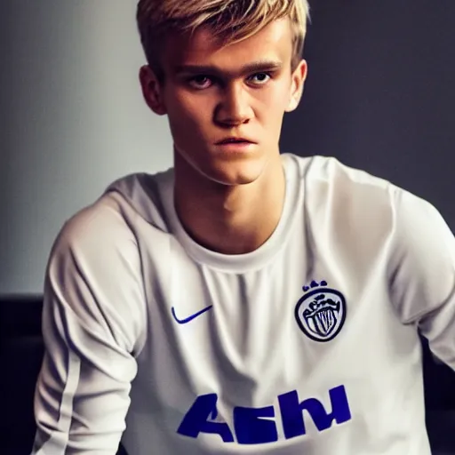 Image similar to a realistic detailed photo of a guy who is an attractive humanoid who is half robot and half humanoid, who is a male android, soccer player martin ødegaard, shiny skin, posing like a statue, blank stare, in a living room, on display