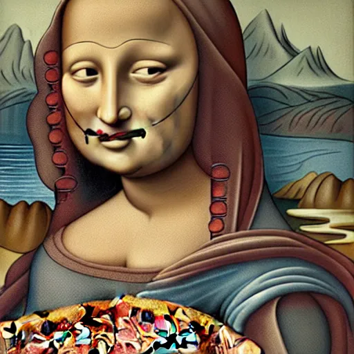 Prompt: | mouth open wide | woman eating pizza | played by ( ( ( ( mona lisa ) ) ) )