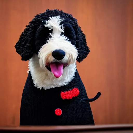 Image similar to a closeup photorealistic photograph of a cute smiling knitted bernedoodle judge dog dressed in a black gown, presiding over the courthouse. indoors, professional capture, well lit shot. this 4 k hd image is trending on artstation, featured on behance, well - rendered, extra crisp, features intricate detail, epic composition and the style of unreal engine.