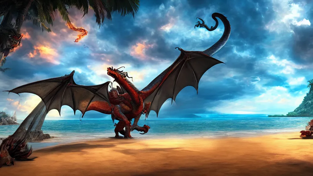 Prompt: dragon on a tropical beach, fantasy artwork, beautiful scenery, hdr, unreal engine 5, cinematic, 8k, ultra detailed, high resolution, artstation, IMAX