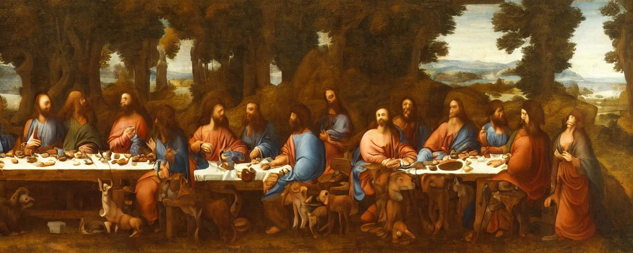 Image similar to A painting of animals sitting at the table in the forest. Style of The last supper by Leonardo Da Vinci