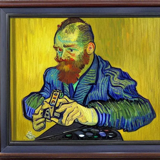 Image similar to oil painting of a gamer computer gamer pc, oil in canvas, painted by van gogh