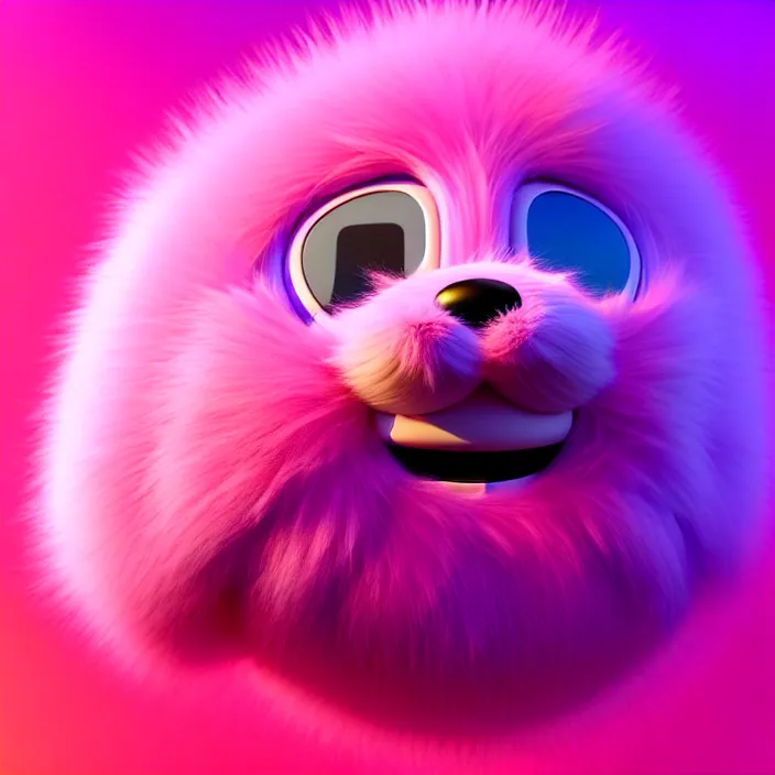 Image similar to high quality 3 d render hyperrealistic very cute big spherical creature, whiskers, plush mascot, short spiky dense fluffy smooth hair, isometric 3 d, psychedelic lighting pink fluffy fur 1 cm long, 1 5 0 mm, smooth background, artstation, ultra detailed, elegant, ultra detailed, octane render