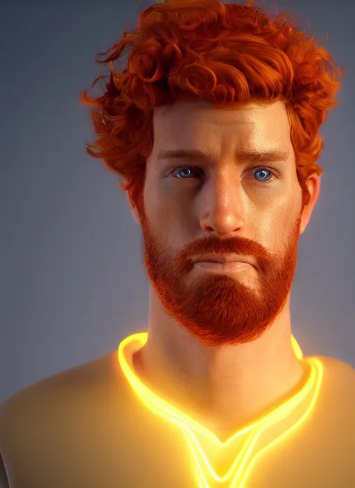 Prompt: glowwave portrait of curly orange hair man, au naturel, hyper detailed, digital art, trending in artstation, cinematic lighting, studio quality, smooth render, unreal engine 5 rendered, octane rendered, art style by pixar dreamworks disney riot games and rockstar games.