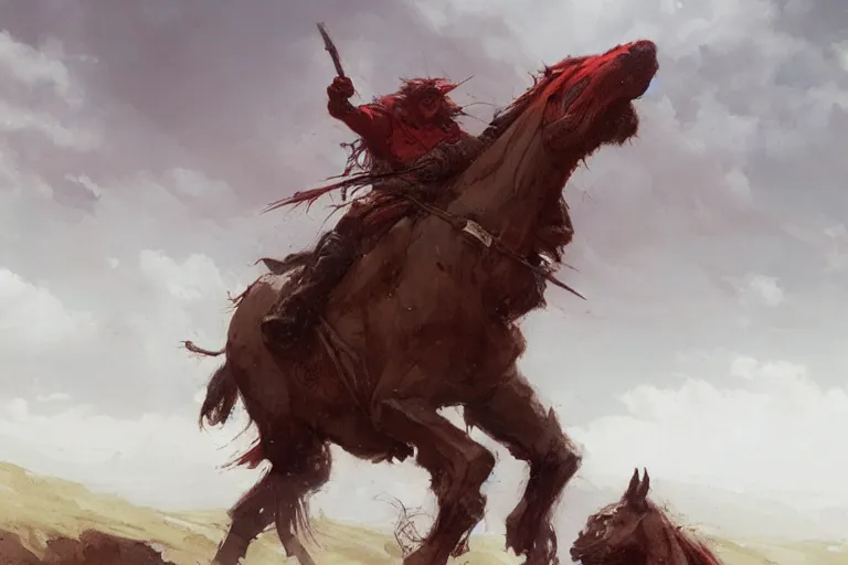 Image similar to Red ogre riding a horse, funny, portrait, Greg rutkowski