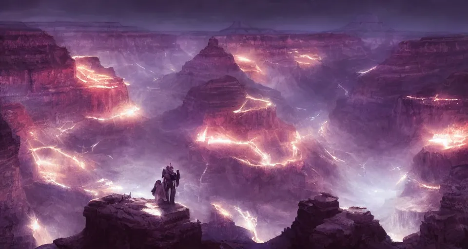 Image similar to night, a lot of people and a white luminous attractor is floating in grand canyon, concept art, art for the game, professional lighting, art