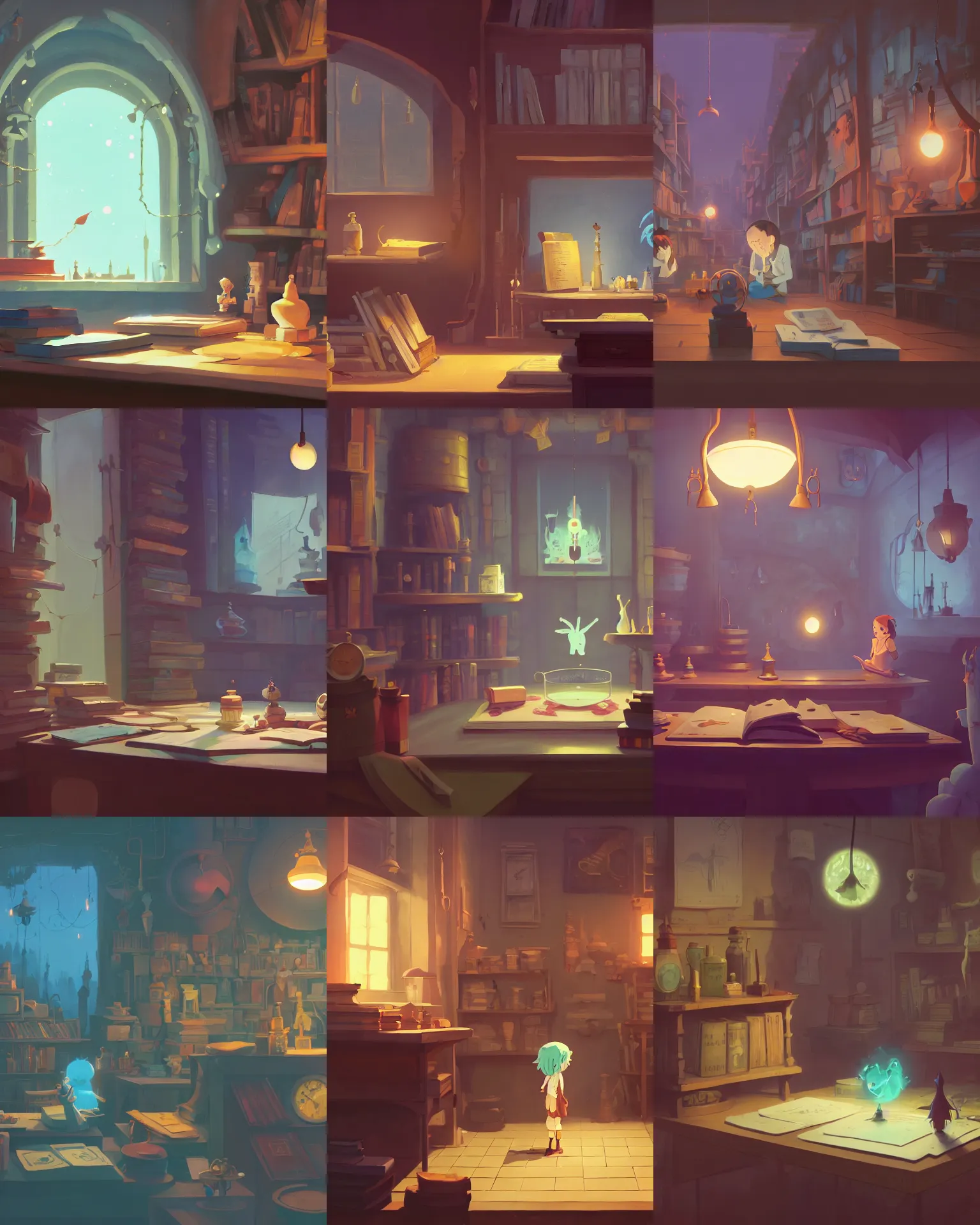 Image similar to magician's workshop, detailed, potions, scrolls, arcane books, cory loftis, james gilleard, atey ghailan, makoto shinkai, goro fujita, studio ghibli, rim light, exquisite lighting, clear focus, very coherent, plain background, soft painting