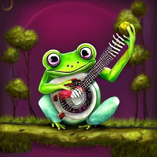 Image similar to cute anthro anime frog playing the banjo, digital art