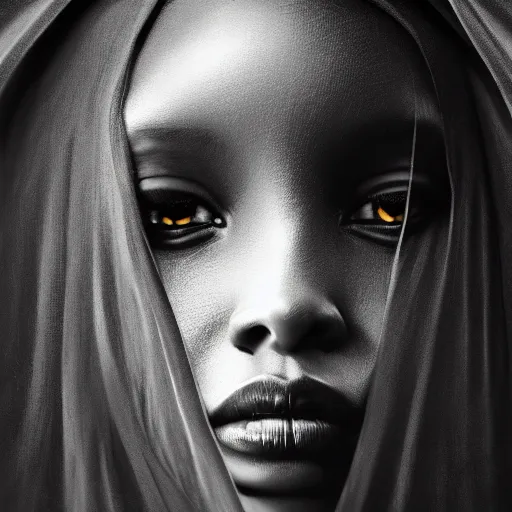 Prompt: a portrait of a young black woman wearing a long dark cloak, hood and shadows covering face, anatomically correct, beautiful perfect face, enigmatic, oil painting, matte painting, black background, Volumetric dynamic lighting, Highly Detailed, Cinematic Lighting, Unreal Engine, 8k, HD, by Beksinski