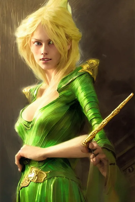 Prompt: blonde female wizard in a green victorian style dress, holding a magical sceptre, and wearing a gold ring portrait dnd, painting by gaston bussiere, craig mullins, greg rutkowski, yoji shinkawa