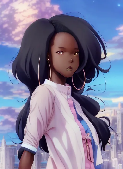 Image similar to beautiful city black woman only, anime style only, shy smile, scenery wallpaper aesthetic, pastel colors only, symmetrical face and full body, cinematic, dramatic, joyful, super detailed and intricate, hyper realistic, 4 k render, by artgerm, by kyoung hwan kim, by ralph mcquarrie, by yoshiyuki tomino